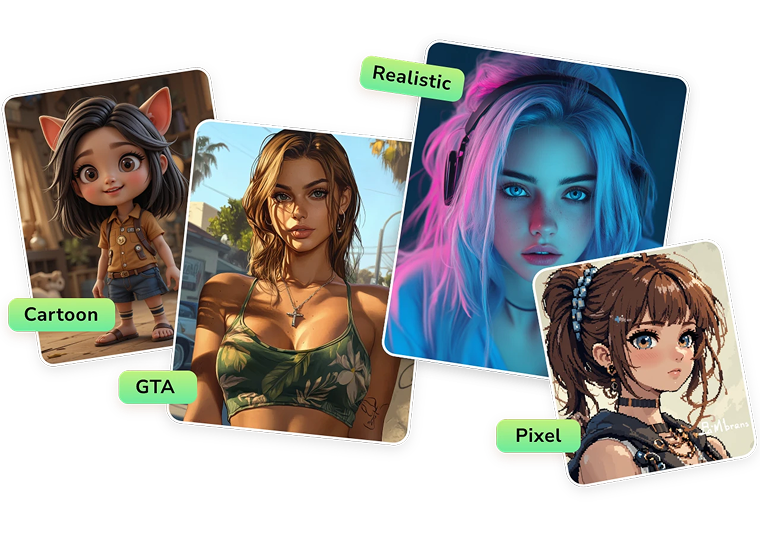 AI character generator examples — cartoon, GTA, realistic, and pixel-style avatar portraits