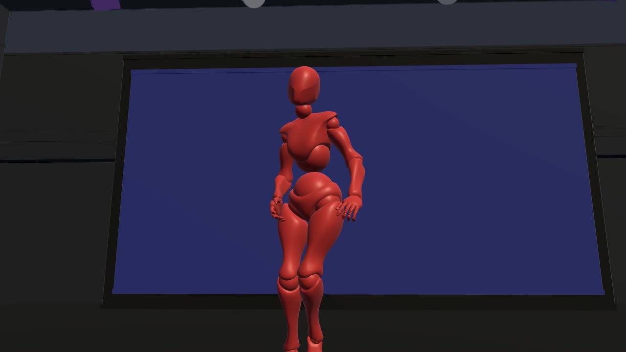 Red mannequin in the Beauty previs on a dark stage, used to review performance and shot composition