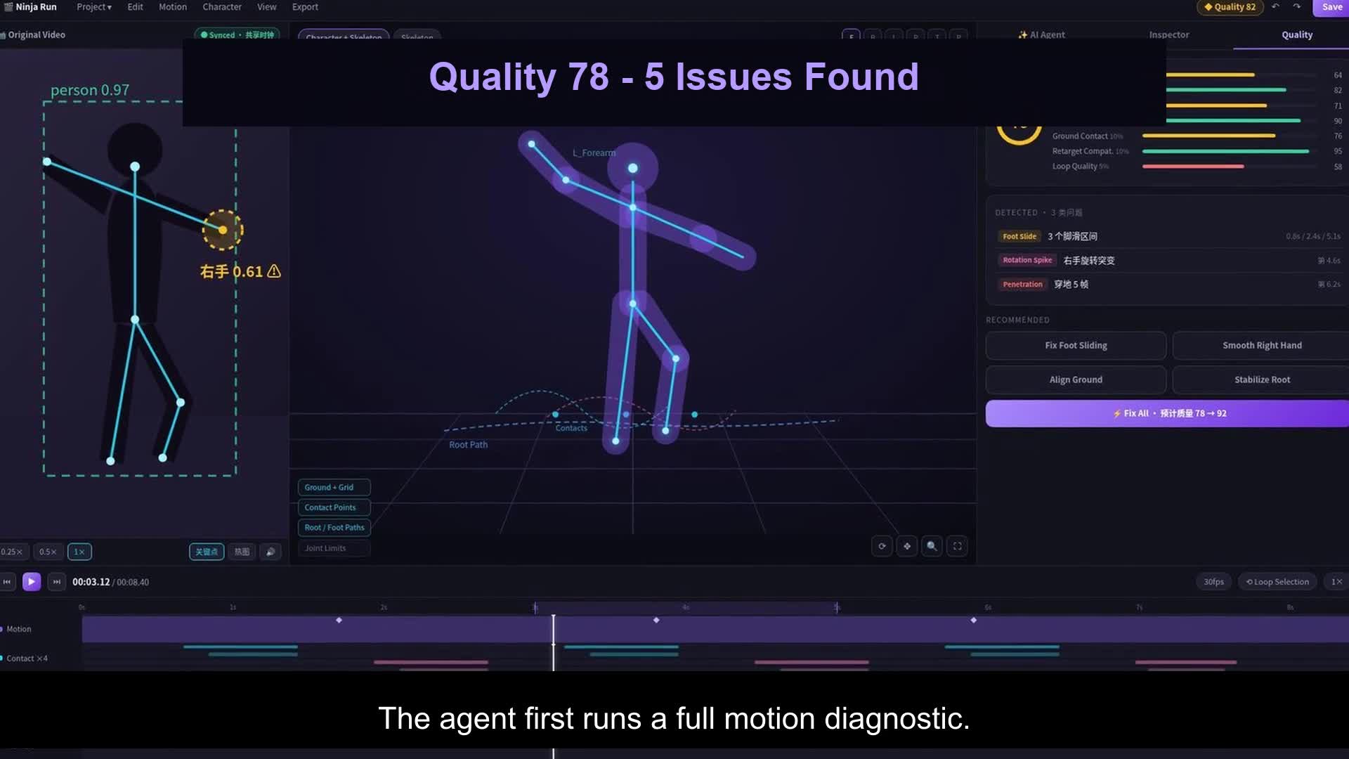 MotionEditor quality diagnostics for foot sliding jitter and penetration